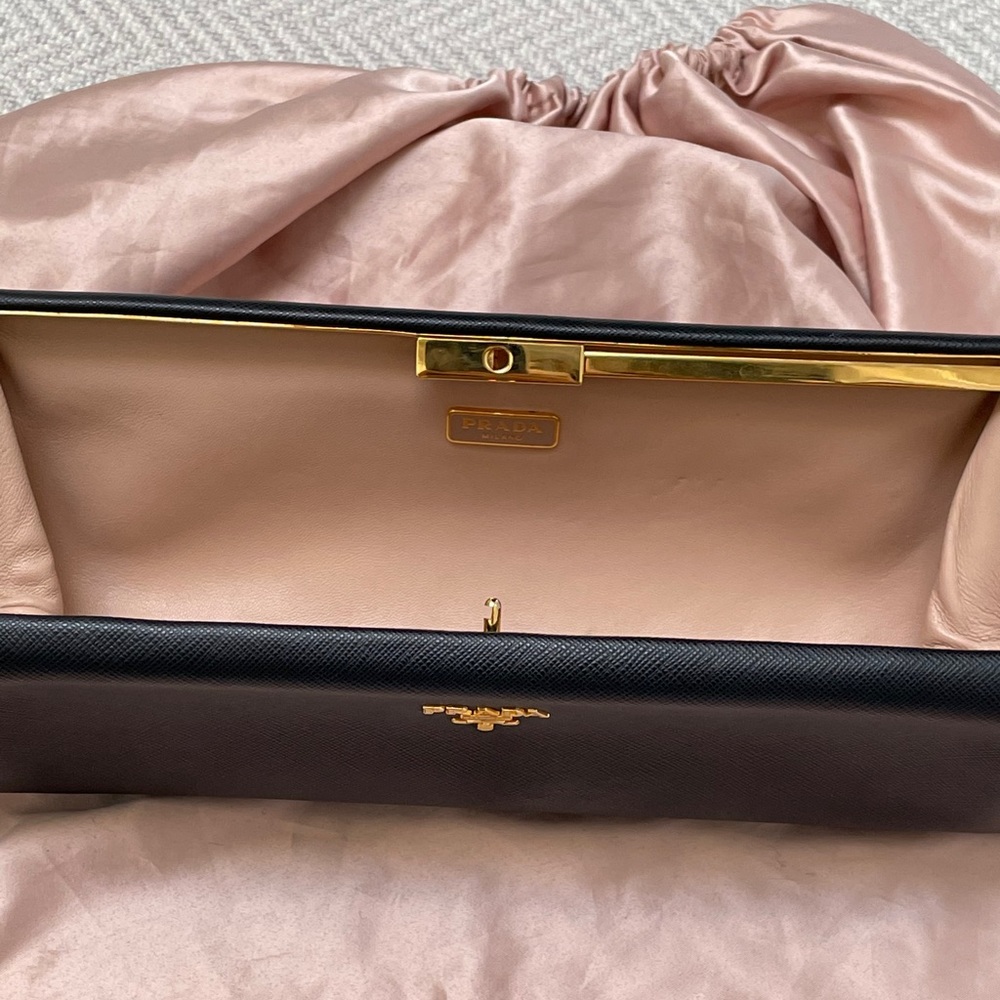 PRADA East West Frame Clutch in Black Saffiano and Gold Tone Hardware - Picture 7 of 14